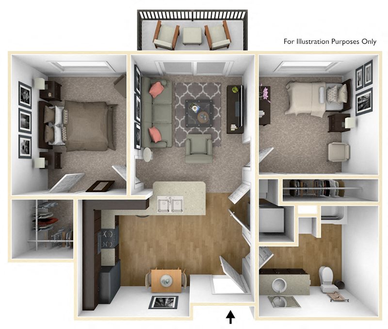 Floor plan for 2 beds, 1 bath, 746 sqft